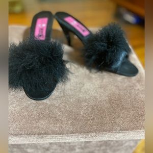 Meow Black Satin Heels with Boa Embellishment